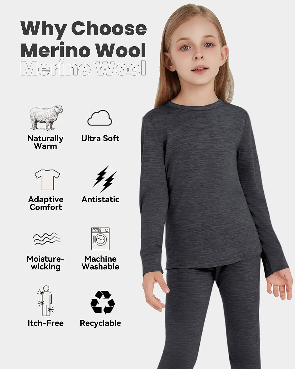Kids Unisex 100% Merino Wool Base Layer Tops Lightweight Thermal Underwear Shirt