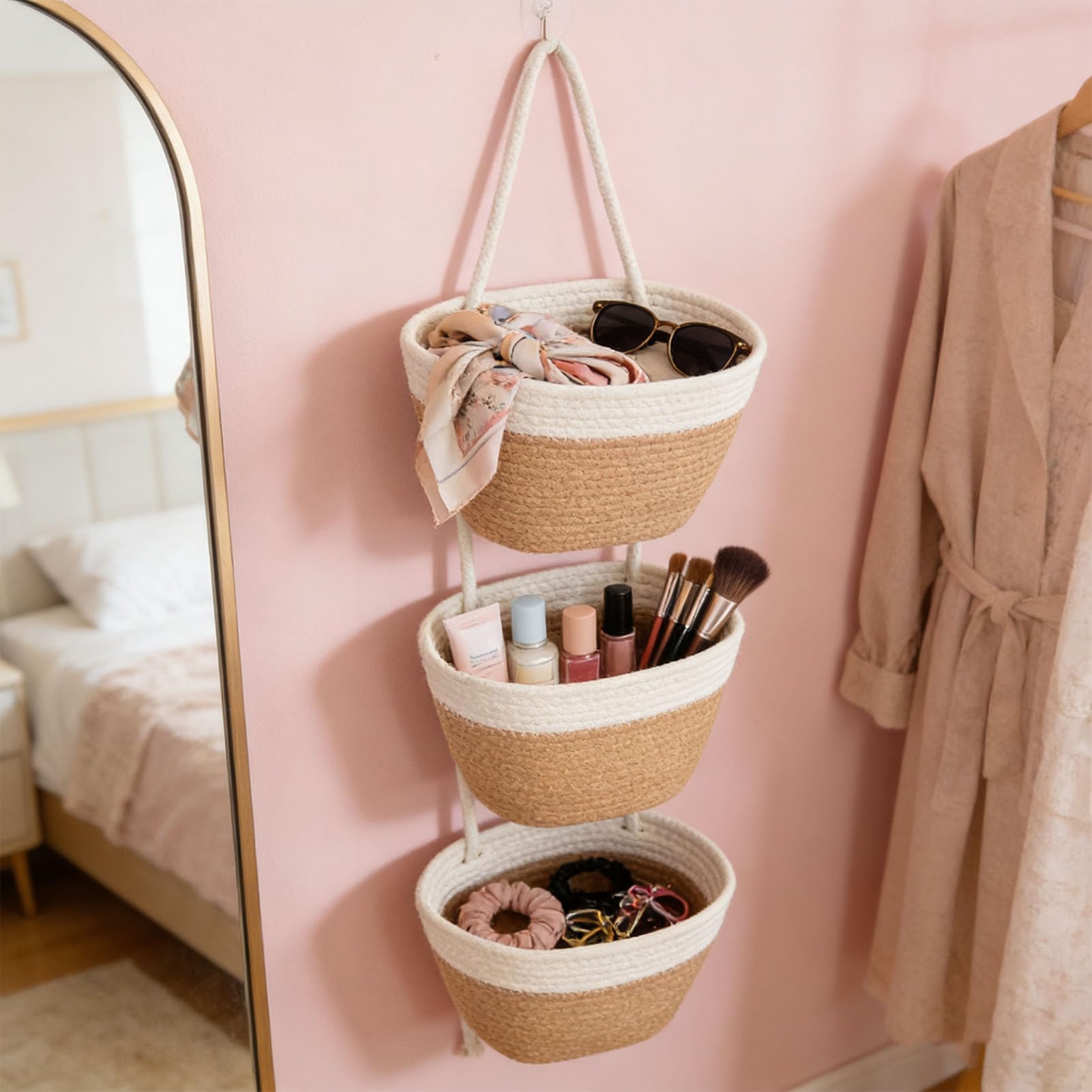 3 Tier Cestino Appeso, Organizzatore da Parete con Corde in Cotone Morbido Rimovibile con 3 Cestini Indipendenti, per Soggiorno Camera da Letto Ripostiglio (Cachi bianco)