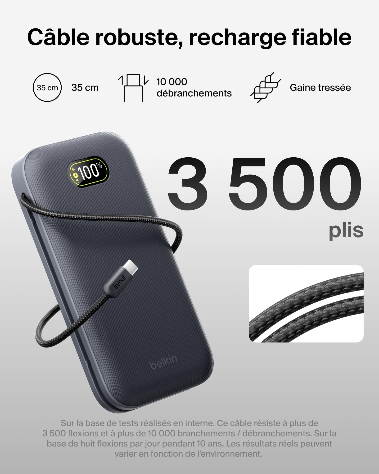 Belkin UltraCharge Pro Batterie Externe 27000mAh, Chargeur Portable avec Câble USB-C Intégré, USB PD 240 W, Power Bank Charge Rapide pour MacBook Pro, iPhone, iPad, Galaxy, Pixel, etc., Gris