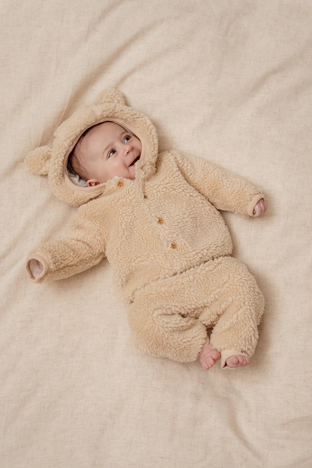 Little Dutch Winterjacke Fleecejacke Teddy Jacke mit Kapuze Ohren Baby beige (Gr. 68)