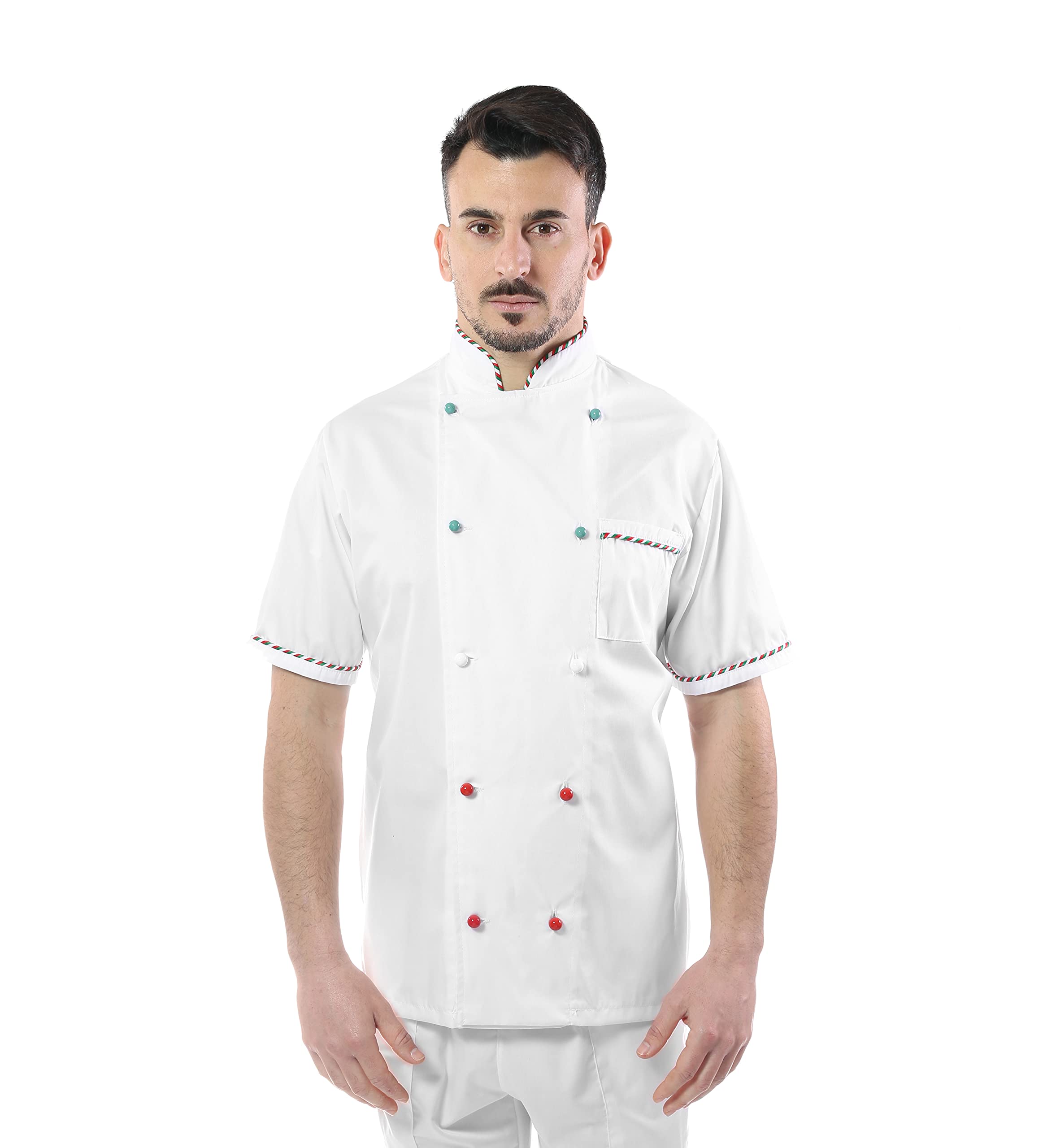 Chaqueta de cocinero para hombre – Blanca/Italia – Manga corta – Casaca Chef – Uniforme personalizable para cocina y restaurante – Fabricado en Italia