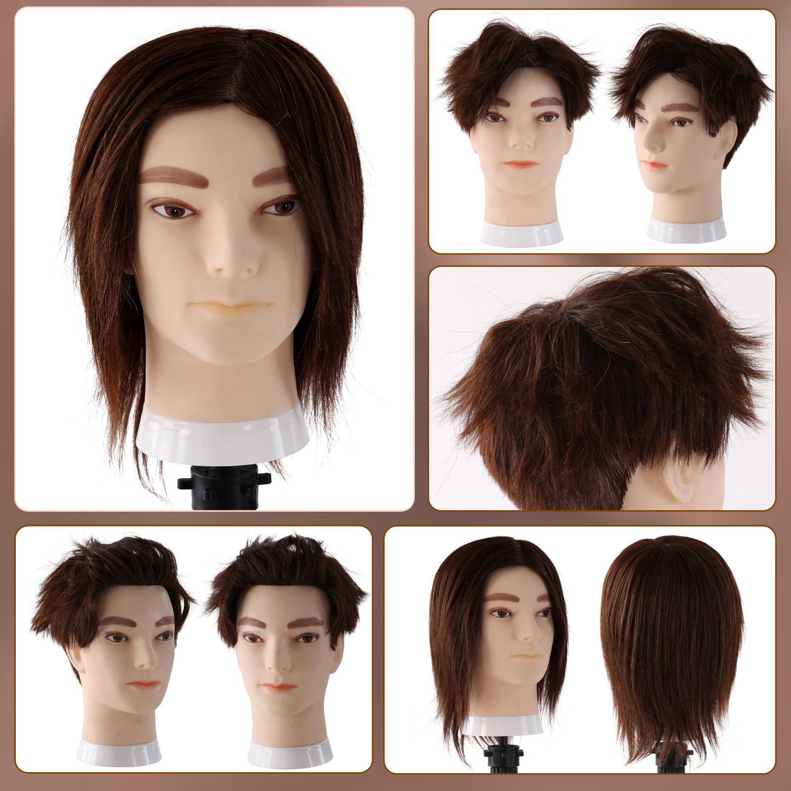 Cabeza Maniqui Peluqueria Hombre Pelo Natural 100%, Uomo Práctica Cabeza Peluquero de Entrenamiento Maniquí para Estudio Profesional en la Cosmetología con Soporte