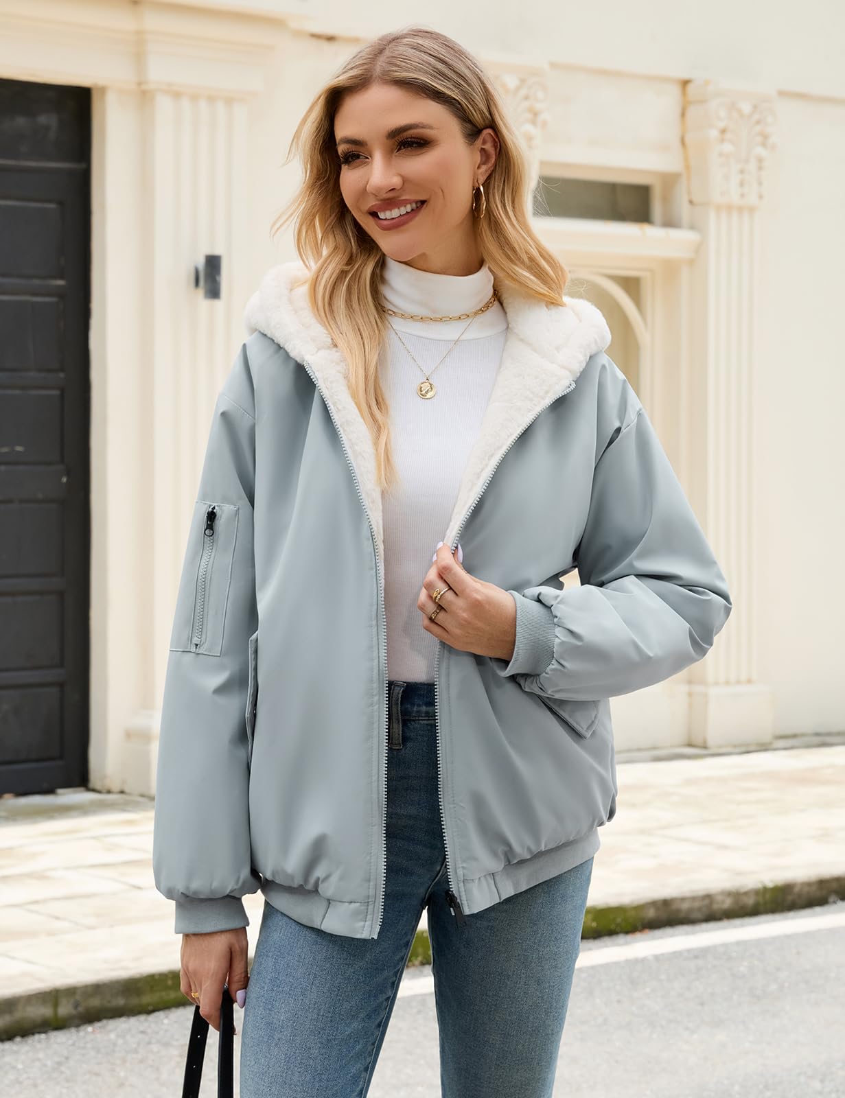 Vancavoo Chaqueta Reversible Mujer de Invierno con Capucha y Pelo Suave | Cazadora Corta con Cremallera, Puños de Canalé y Bolsillos en Ambos Lados para Uso Diario