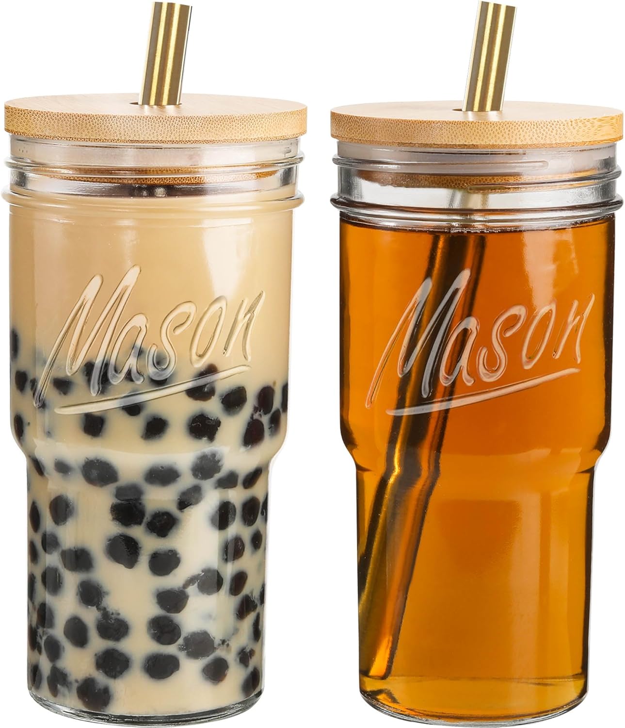 2Pack Glass Tumbler Cups with Bamboo Lids and Gold Straws