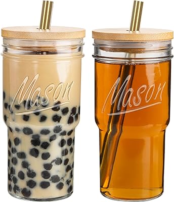 2-Pack Glass Tumbler Cups with Bamboo Lids and Gold Straws, 22oz Reusable Iced Coffee Cup Drinking Glasses, Mason Jars for...