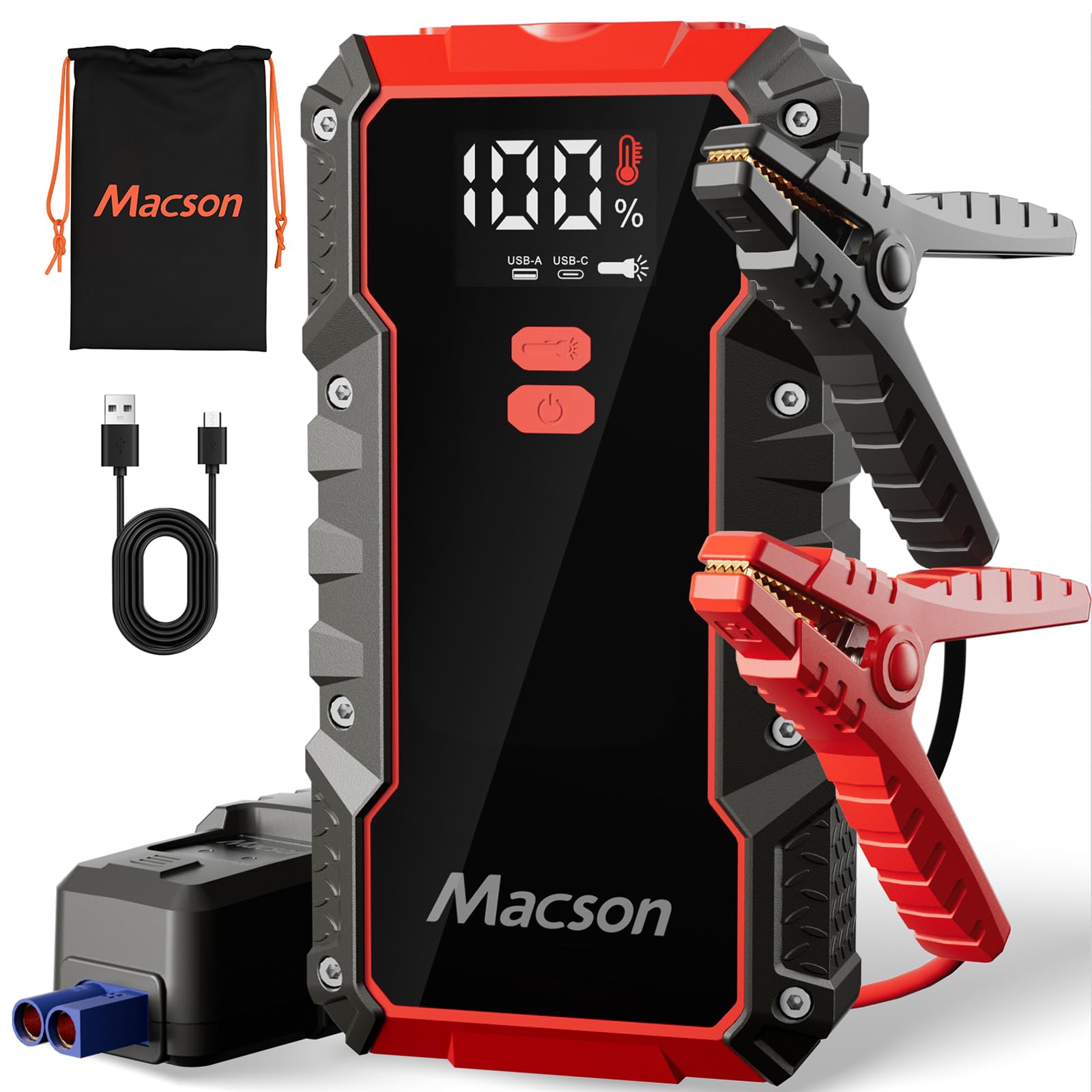 Macson 2500A Peak 12V Portable Jump Starter for Car Battery – 8.0L Gas/6.0L Diesel Engines, 44.4Wh Power Bank, 6-Mode LED Flashlight, LCD Display & Smart Safety Clamps