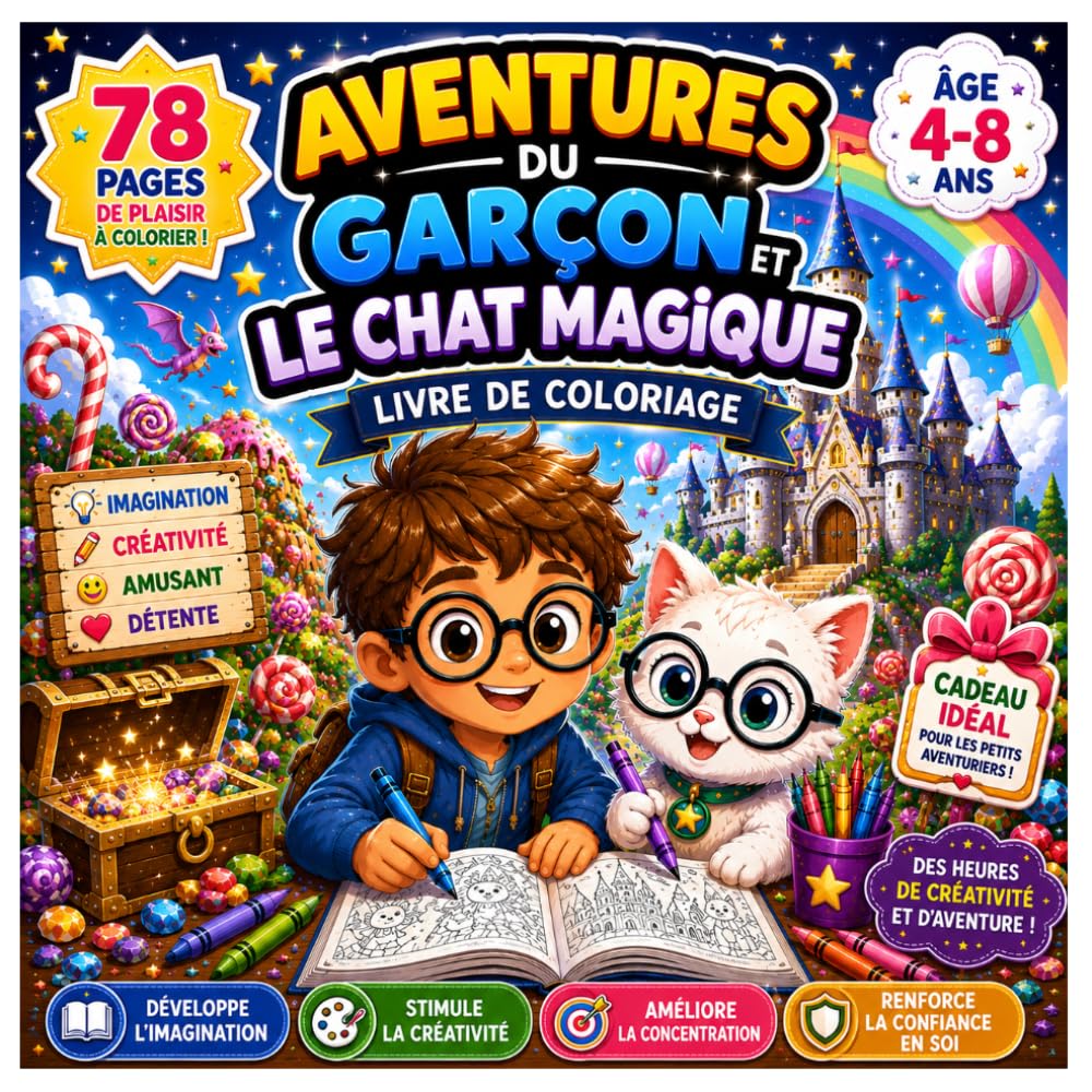 Aventures du Garçon et le Chat Magique: Livre de coloriage magique pour enfants de 4 à 8 ans – 78 pages d’aventure, créativité et imagination