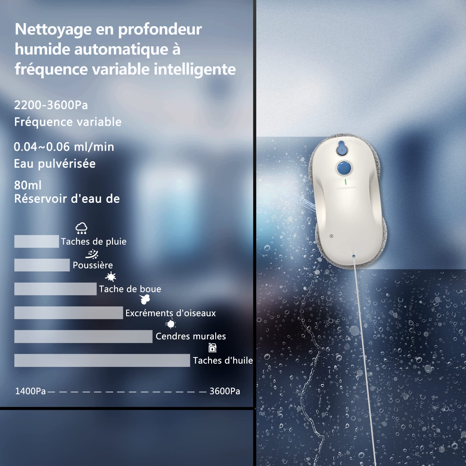 Tosima Robot Limpiacristales, Robot Limpieza de Ventanas Electrico, Sistema de Seguridad, Navegación Inteligente, Control Remoto, para Todas Las Superficies Lisas, con 12 Trapo (W3, White)