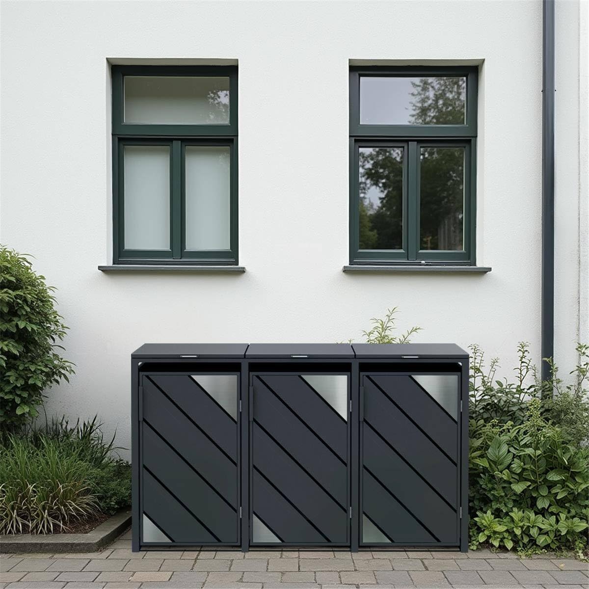 Metzler Mülltonnenbox 3er 240L Anthrazit mit Edelstahl Akzenten | Mülltonnenverkleidung für 3 Tonnen aus verzinktem Stahl | wetterfest mit Automatikdeckel und Soft Close