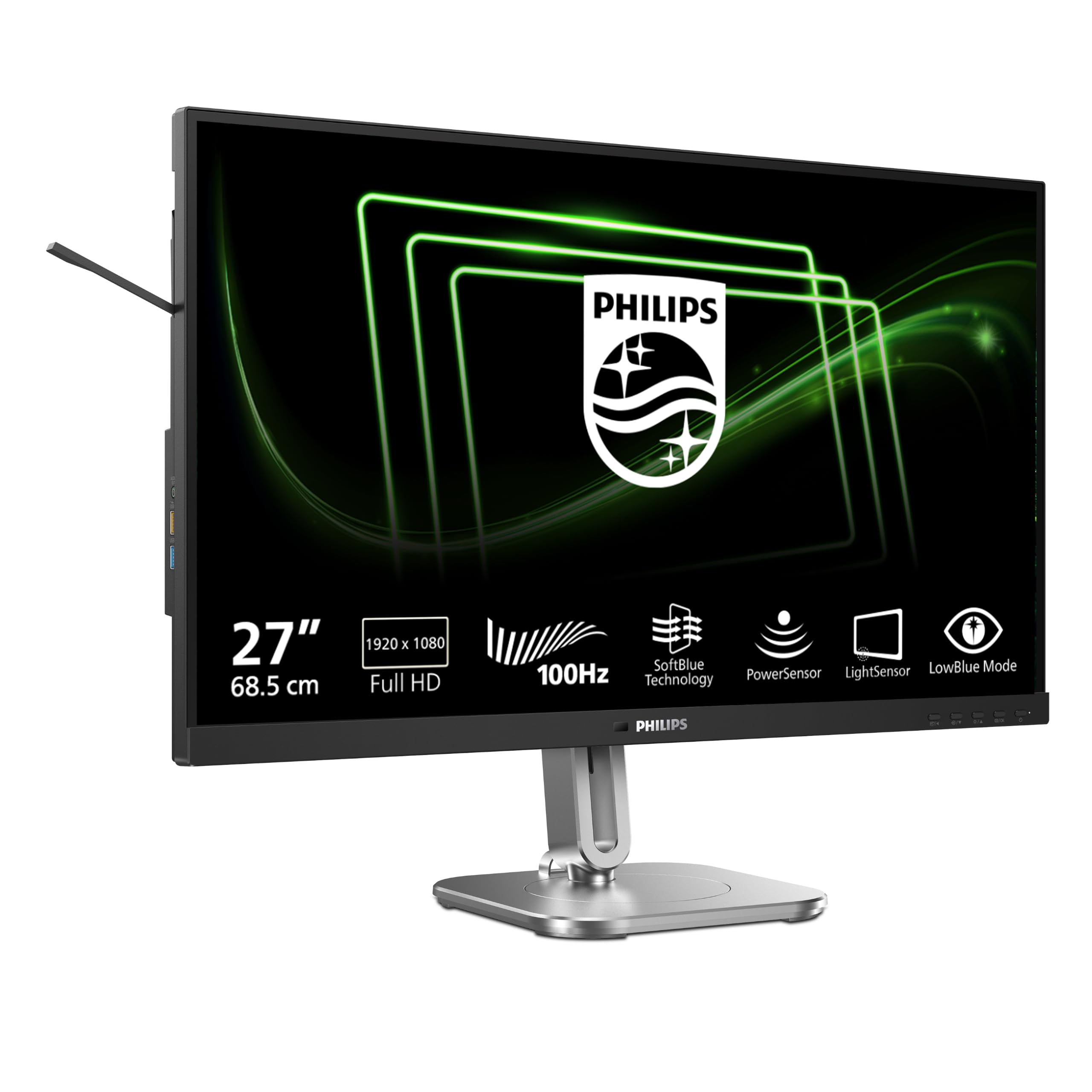 PHILIPS 27B2G5200-27 Zoll Full HD Monitor, höhenverstellbar, Lautsprecher, Adaptive Sync (1920x1080, 75 Hz, 1x D-Sub, 1x HDMI 1.4, 1x DisplayPort 1.2, USB Hub) dunkel/grau