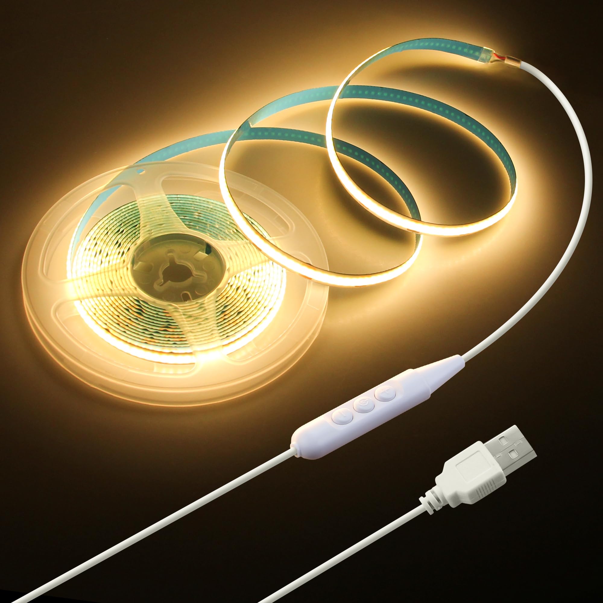 Samsion 5V COB LED Strip Light for Bedroom 16.4FT USB LED Light Strip Warm White 3000K with Dimmer 320LEDs/M Flexible LED Tape Lights High Density Self -Adhesive for TV Mirror Cabinet DIY Indoor