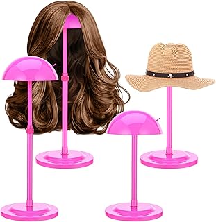 Tatuo 4 Pcs Wig Holders, 9.8"-18.9" Adjustable Height Wig Head Stand Portable Hat Display Holder Storage for Multiple Travel Wigs Styling Practice women DIY Head Stand Non Slip Stable (Rose Red)