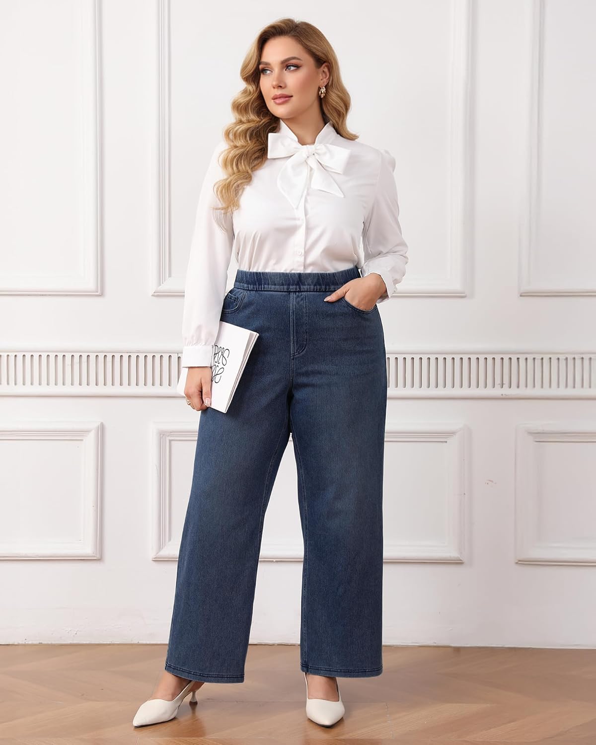 Wide Leg Pull On Jeans Womens High Rise Stretchy Jeans Denim Pants with Elastic Waist Tummy Control Straight Leg Pant - Image 6