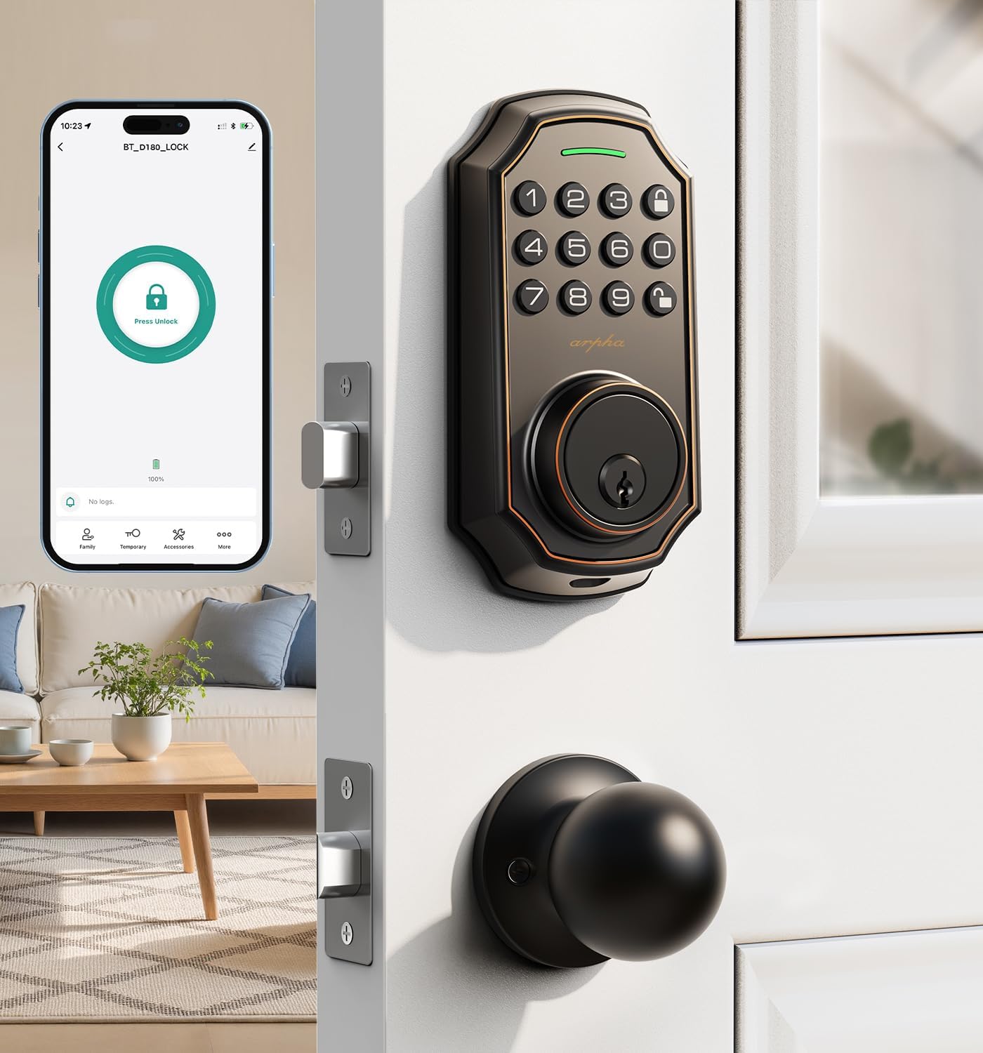 Keyless Entry Door Lock with 2 Door Knobs – App Control & Keypad Deadbolt Smart Locking, 100 User Codes, Anti-Peep Password, Auto Lock & One-Time Codes, Easy Install for Front Door Security (Bronze)