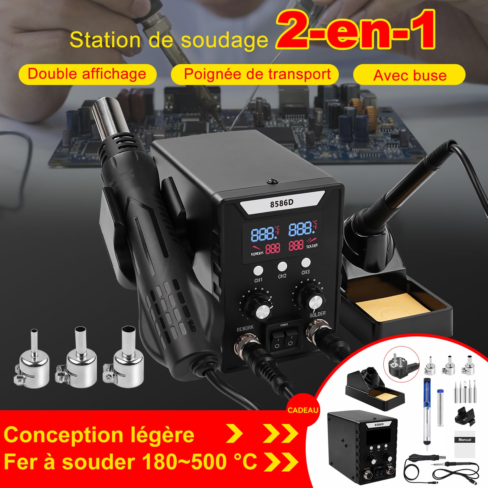8586D station de soudage à air chaud 760W, 2 en 1 Fer a Souder Pour Le Dessoudage Station Air Chaud 150~500°C avec 3 buses d'air pour les travaux électriques