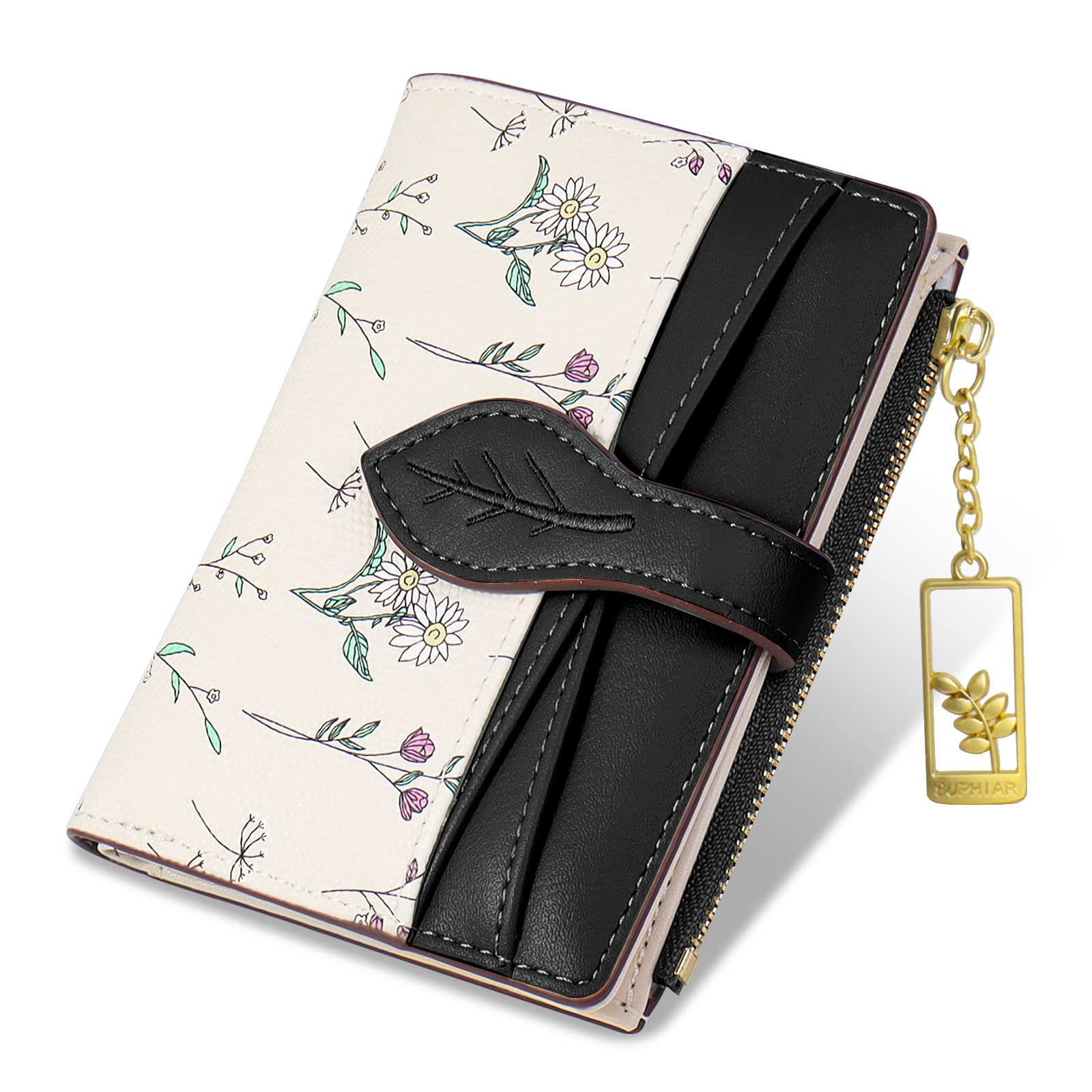 Wallets for Women- RFID Blocking- Soft PU Leather Bifold Coin Zipper Pocket Purse-Small flower wallet Credit Card Holder with ID Window (BLack)