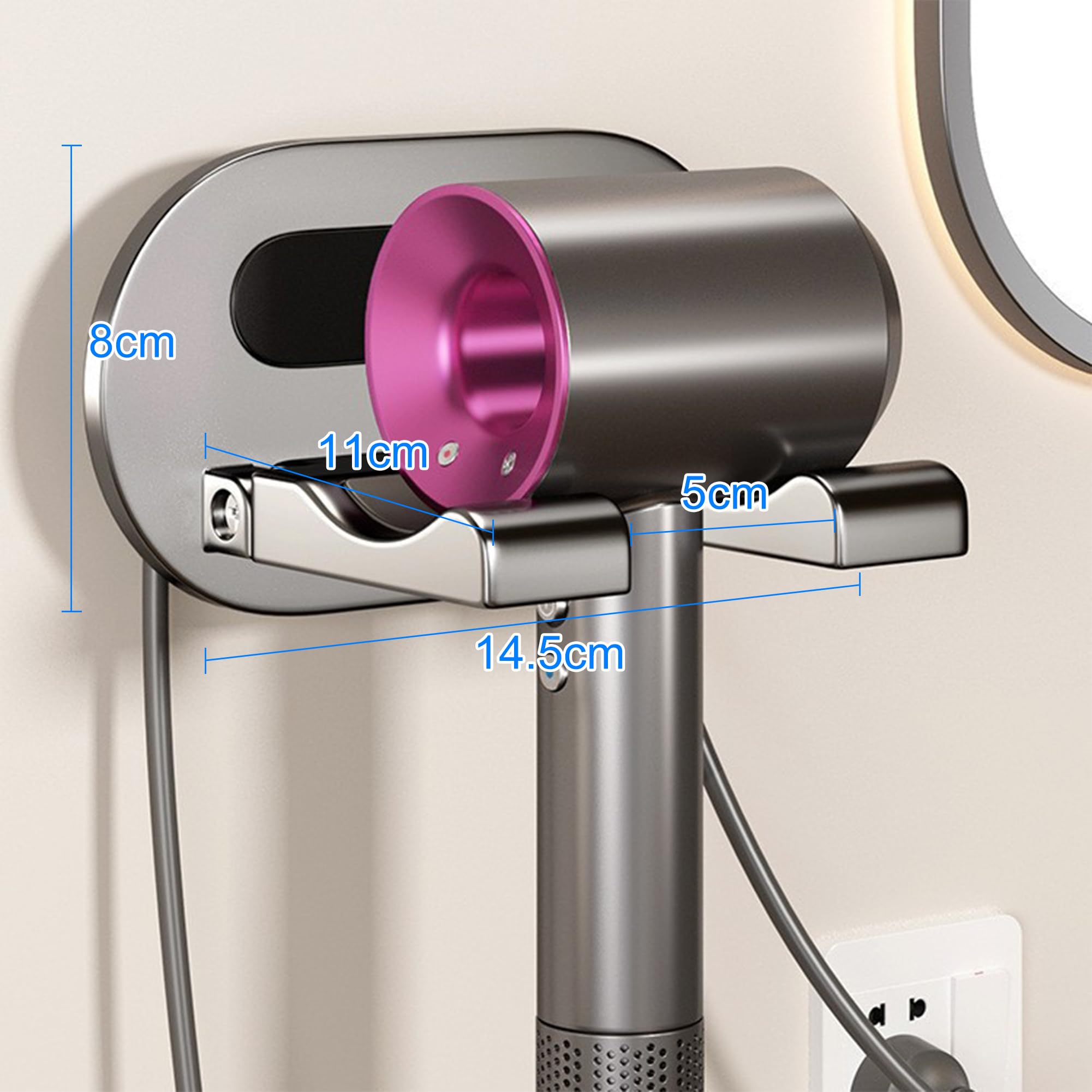 Soporte Secador de Pelo de Aluminio Veki, Porta Secador Sin Taladrar, Montaje en Pared, Colgador para Baño (Gris)