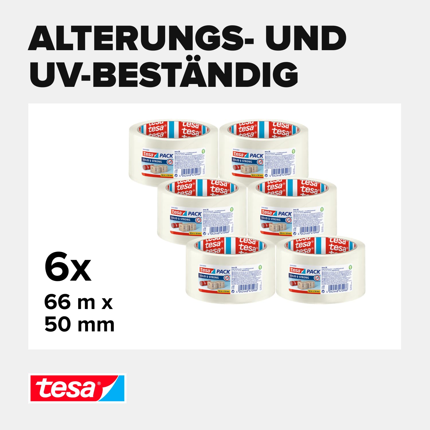 tesa tesapack Solid & Strong im 6er Pack - leise abrollbares Paketband - Packband zum sicheren Verschließen von Paketen - 6 Rollen je 66 m x 50 mm - transparent