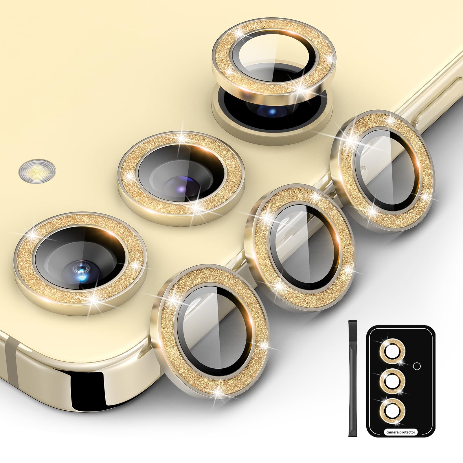 Kanosan for Galaxy S24 Plus Camera Lens Protector Glitter Bling Individual Aluminium Alloy Ring 9H Tempered Glass Decorative Accessories Camera Cover for Samsung Galaxy S24 Plus Glitter Gold