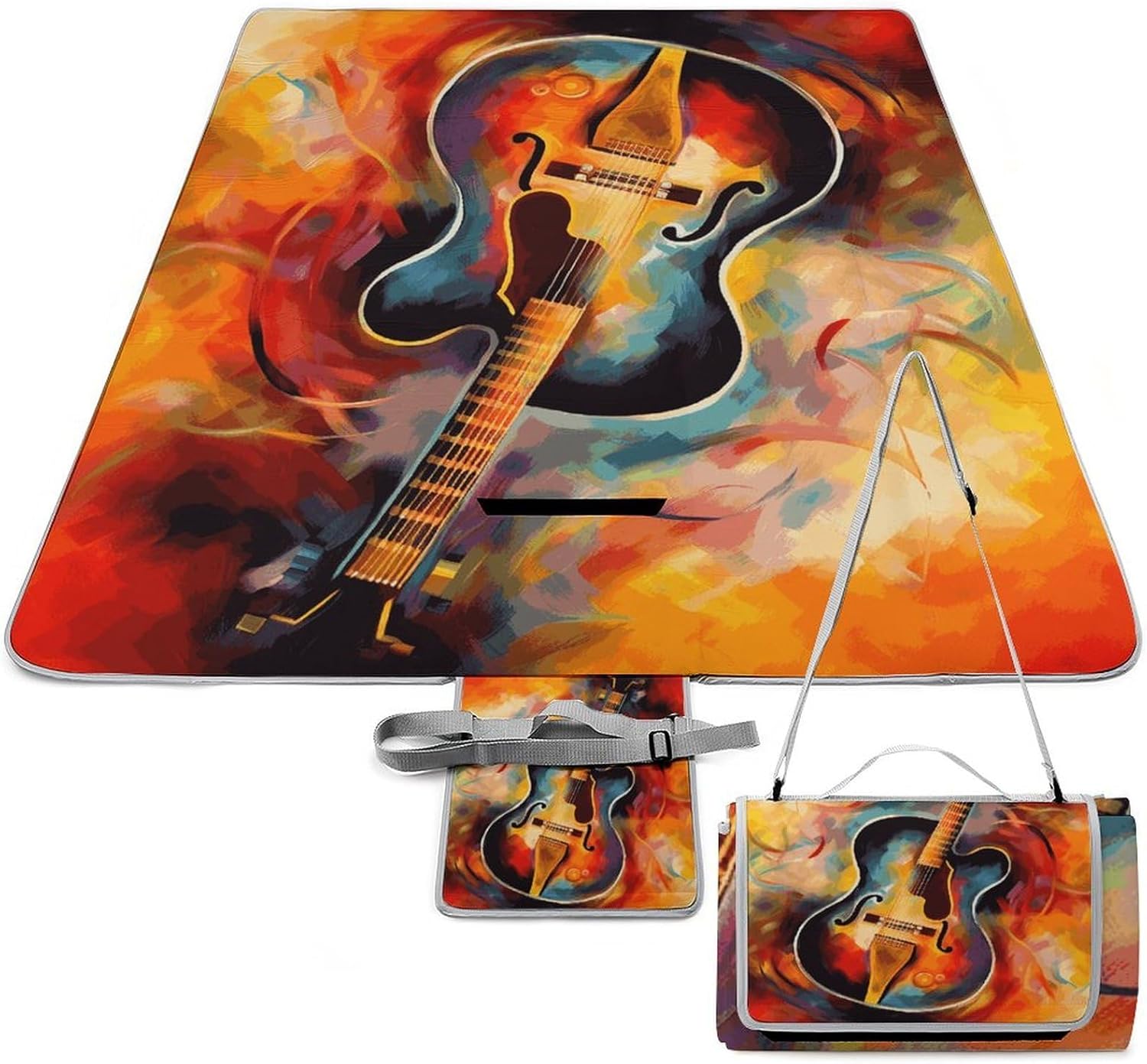 Abstract Watercolor Guitar Waterproof Picnic Blanket 58.3''x58.3'',Portable and Foldable Picnic Mat with Handle,Outdoor Blankets for Lawn Park Beach Travel