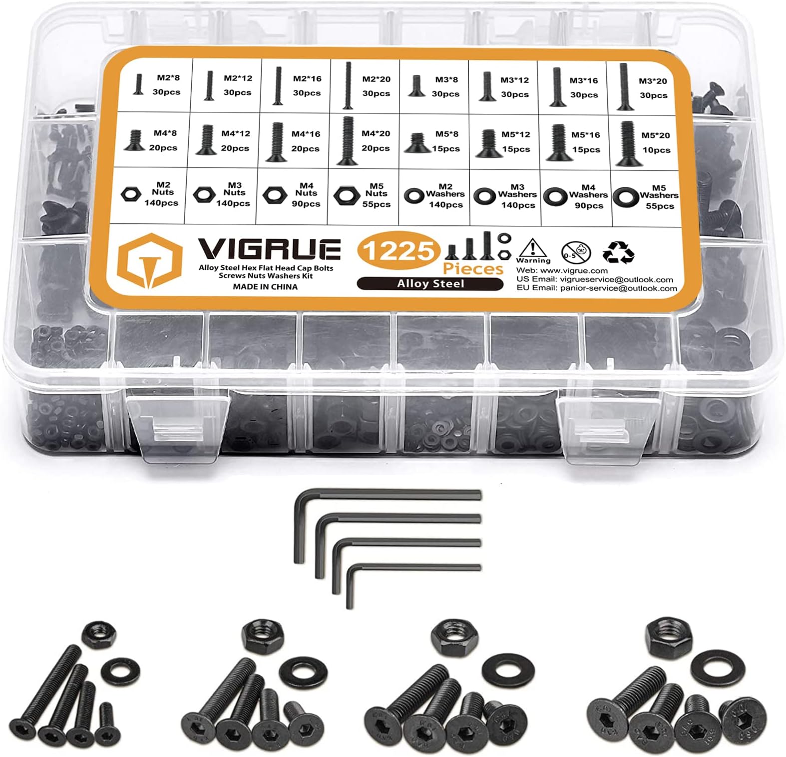VIGRUE 1225PCS Metric M2 M3 M4 M5 Flat Hex Head Socket Cap Screws Alloy Steel Small Bolts Nuts Washers Assortment Kit, Allen Socket Drive with 4Pcs Hex Wrenches