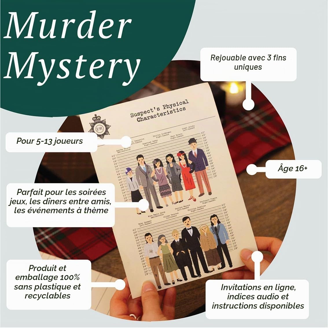 Jeu réutilisable Murder Mystery at the Manor After Dinner Party pour adultes, organisez votre propre soirée de jeux sur le thème des Highlands écossais, 3 fins alternatives pour déguisement, idée
