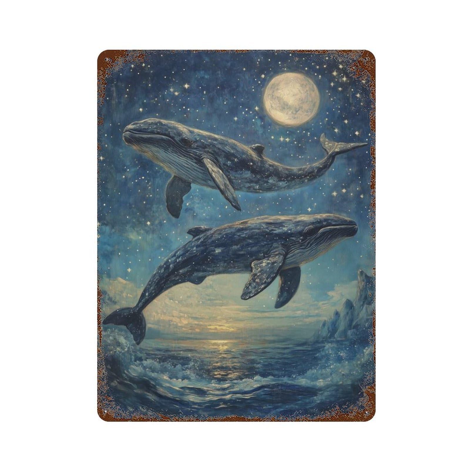 Whales Leaping Under Stars Retro Metal Sign 15.7"x11.8", Classic Wall Plaque for Basement, Hobby Room And Garage Decor