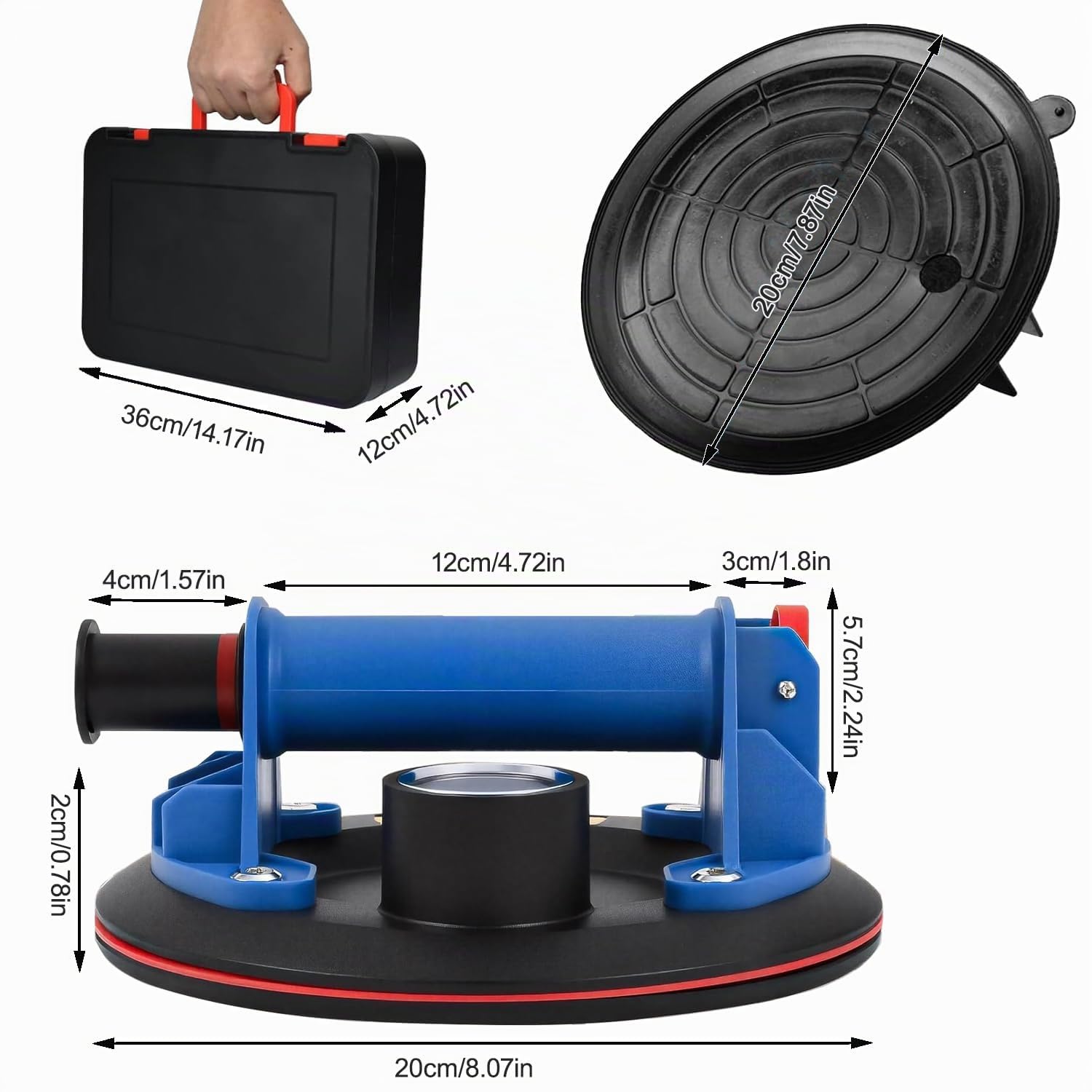 2 Pezzi 8" Ventosa per Piastrelle con Barometro, Ventose per Vetro i Carico Max. 200 kg, Ventose Capacitàdi con Cassetta Attrezzi Portatile, Ventose Professionali per Vetro, Piastrelle, Marmo