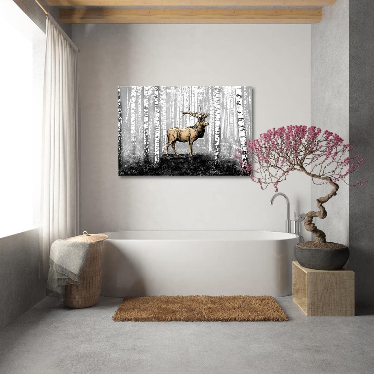 Pittura stampata su tela Wall Art Decor 100x70cm Cervo Betulla Foresta di betulla n. H6799M_PC1Z