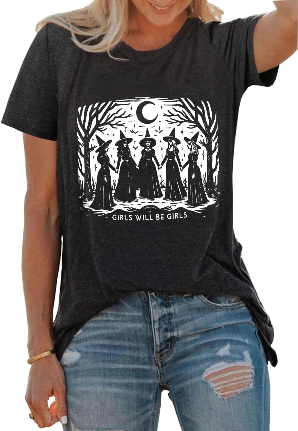 Girls Will Be Girls Halloween Witch Shirt Women Midsummer Witches Gather Graphic T Shirt Casual Halloween Party Tee Tops