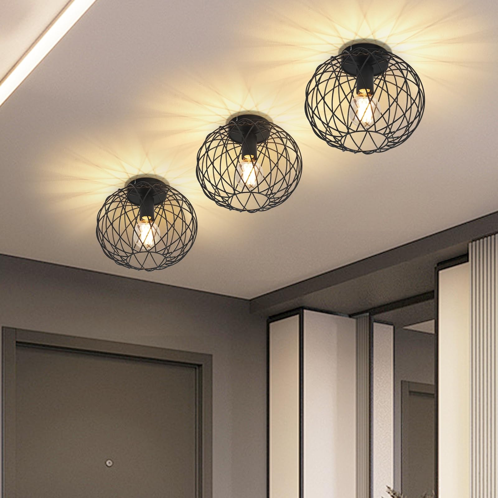 Glitzerlife Lampa sufitowa czarna lampa do korytarza industrialna 3ER | Lampa sufitowa E27 Vintage 1 płomień okrągły retro metalowy klosz lampa w kształcie klatki kratka jadalnia salon kuchnia