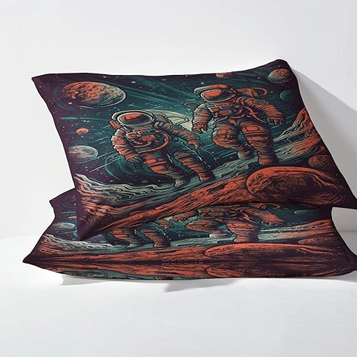 Miniatura 3 de NOGAWA Juego de sábanas de astronauta tamaño individual XL, sábanas espaciales, sábanas y fundas de almohada estampadas de 3 piezas, sábana bajera