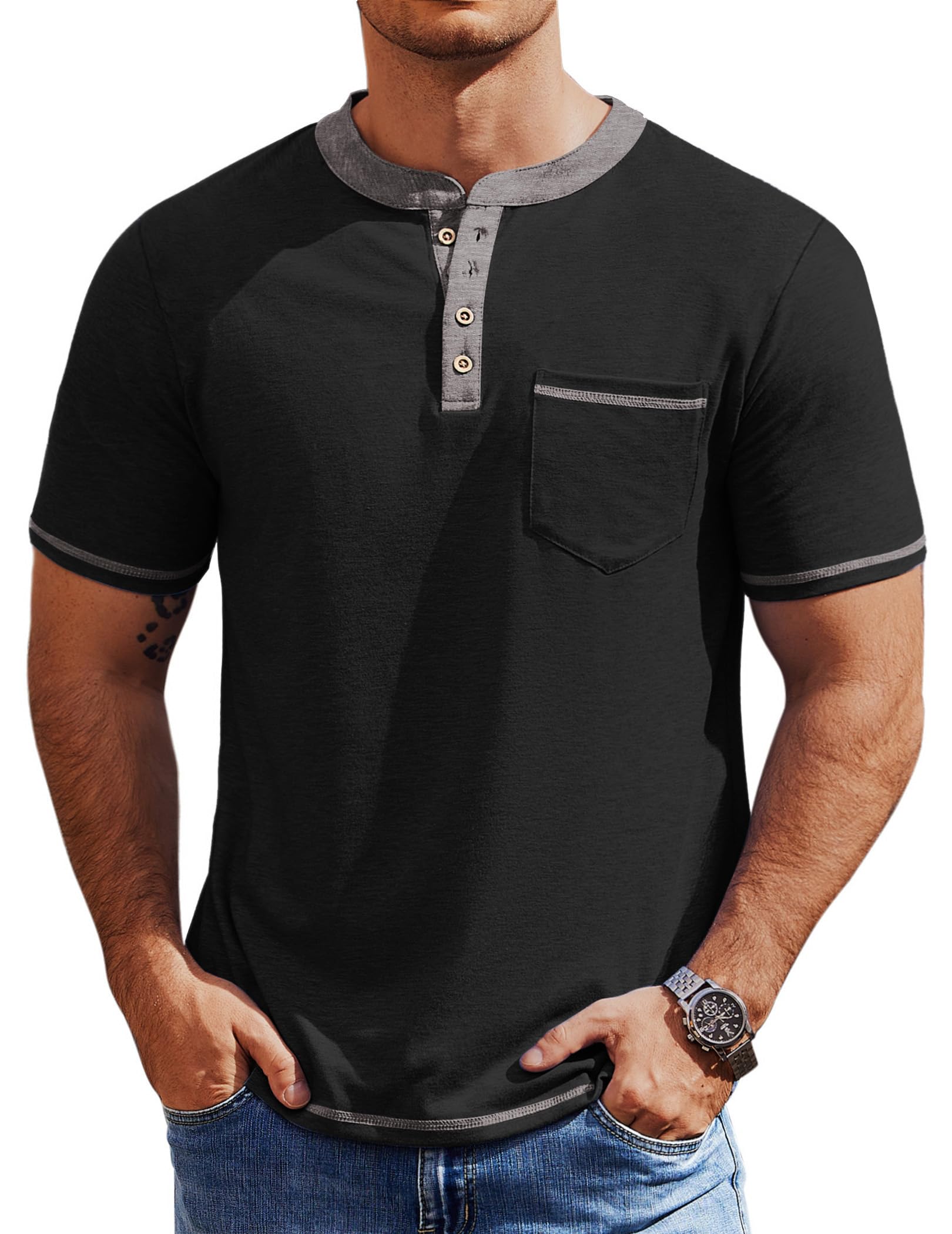COOFANDY Mens Henley Shirts Short Sleeve Casual Button T-Shirts Basic Tee Shirts Summer Vintage T Shirts with Pocket
