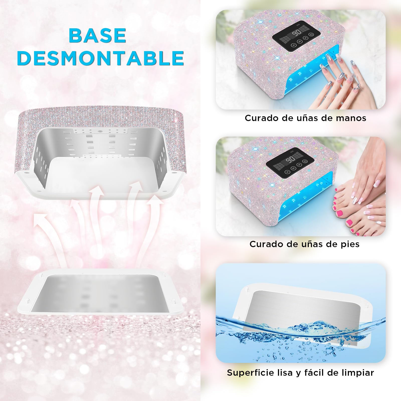 Lámpara UV recargable e inalámbrica para uñas de gel, lámpara LED para uñas con 4 modos de temporizador y decorada con brillantes diamantes de imitación para uñas, 1pcs