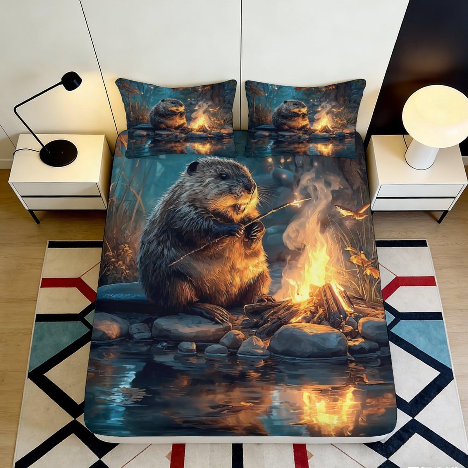 3D Printed Camp Bear Fitted Sheet Microfiber Deep Pocket Non-Slip Camp Bear Mattress Fitted Cover Washable Bedroom 120x200x25cm