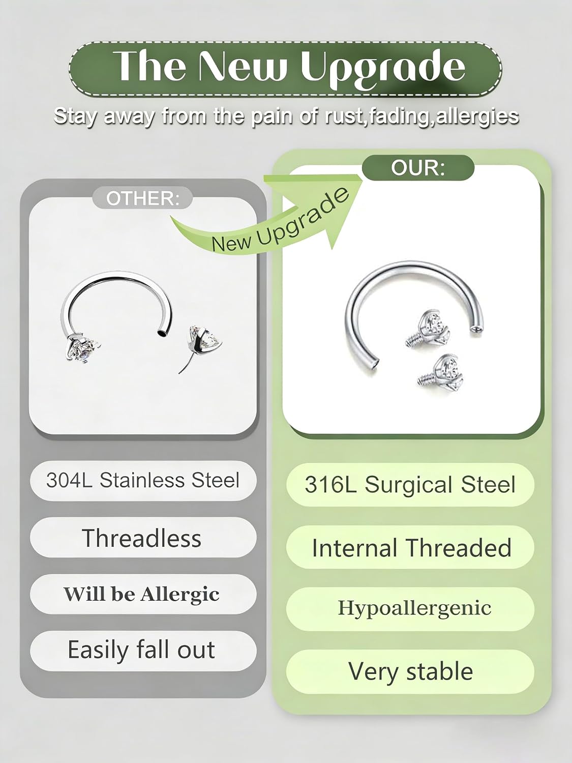 SMORI 20G 18G Horseshoe Nose Rings for Women Internally Threaded Surgical Steel L Shape Corkscrew Nose Ring Studs Silver Gold Plated Septum Cartilage Tragus Helix Lip Nostril Piercing Jewelry