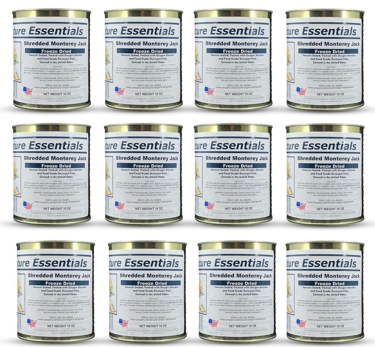 Future Essentials Freeze Dried Shredded Monterey Jack Cheese 12 Cans (#2.5 Can, 10 oz Each) 25+ Year Shelf Life Emergency Survival Food Long Term Storage Camping, Hiking & Backpacking Made in USA