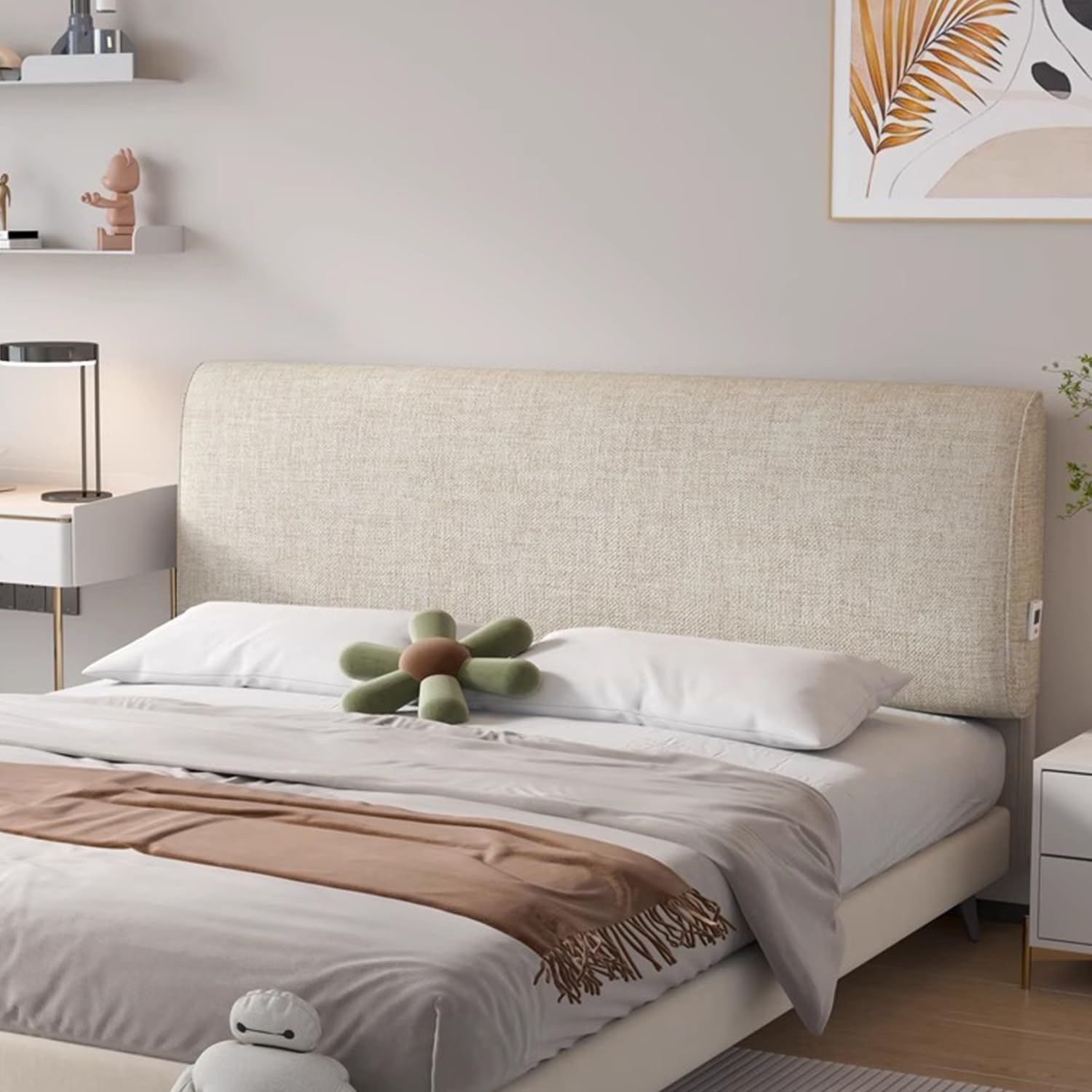 Testata Letto Cuscini,Tessuti di Cotone E Lino,Copri Testata Letto Universale,Copritestiera Protezione Lavabile,Addensare Anti-Graffio Anti-Polvere(180 * 60 * 6cm(Straps),Oatmeal)