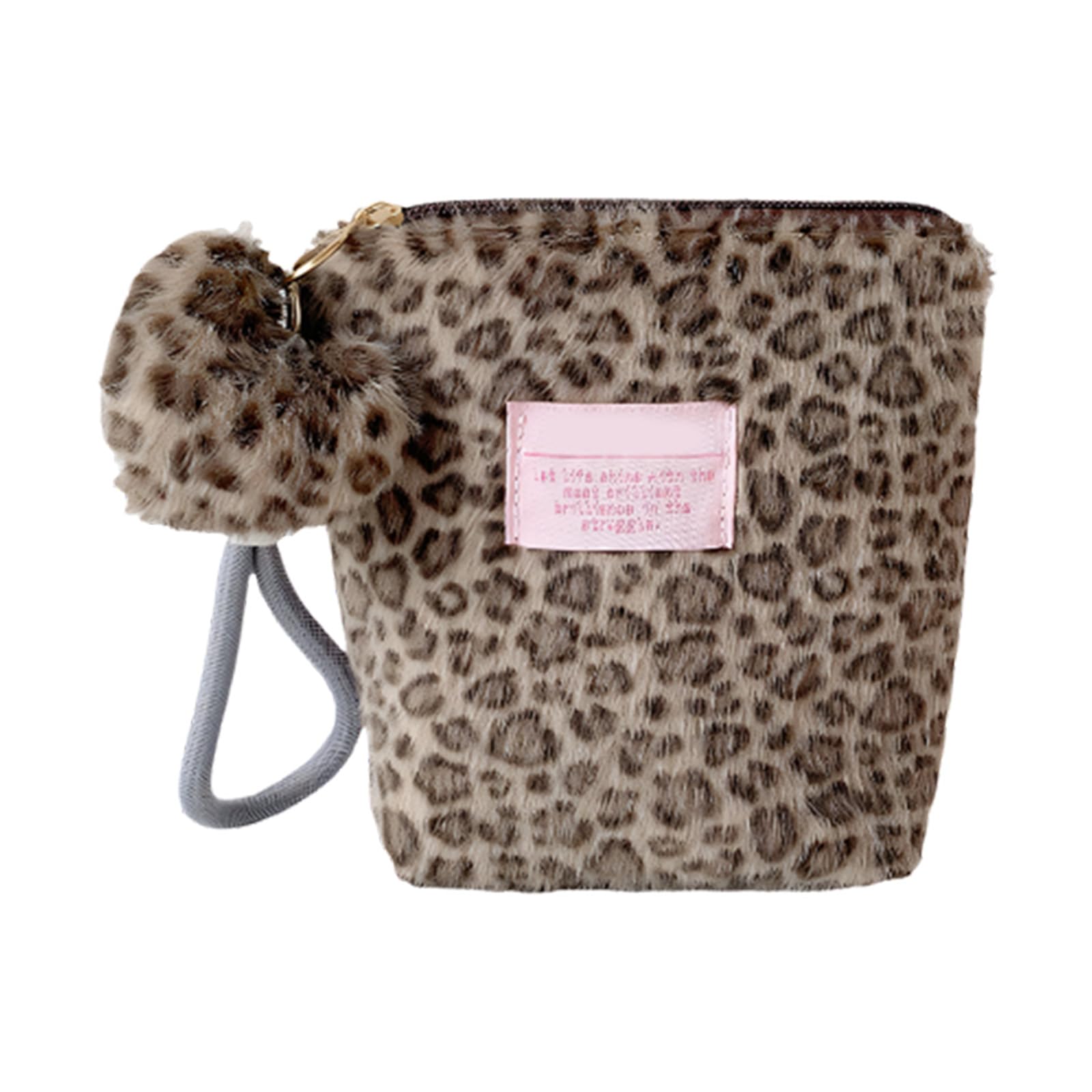 ZEPFJHE Plush Leopards Pattern Cosmetics Case Handheld Vanity Pouches with Spacious Compartment for Daily Use Women ' s Gift
