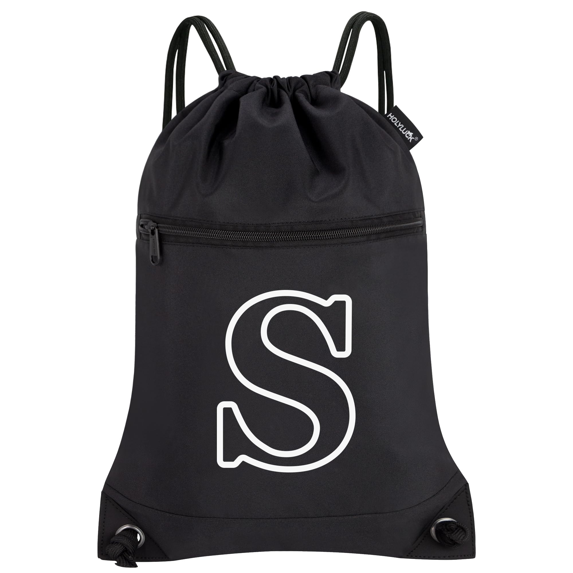 HOLYLUCK Drawstring Bags Initial Backpack Sackpack Cinch Bags for Sports, Gym, Travel, Beach (Black-S)