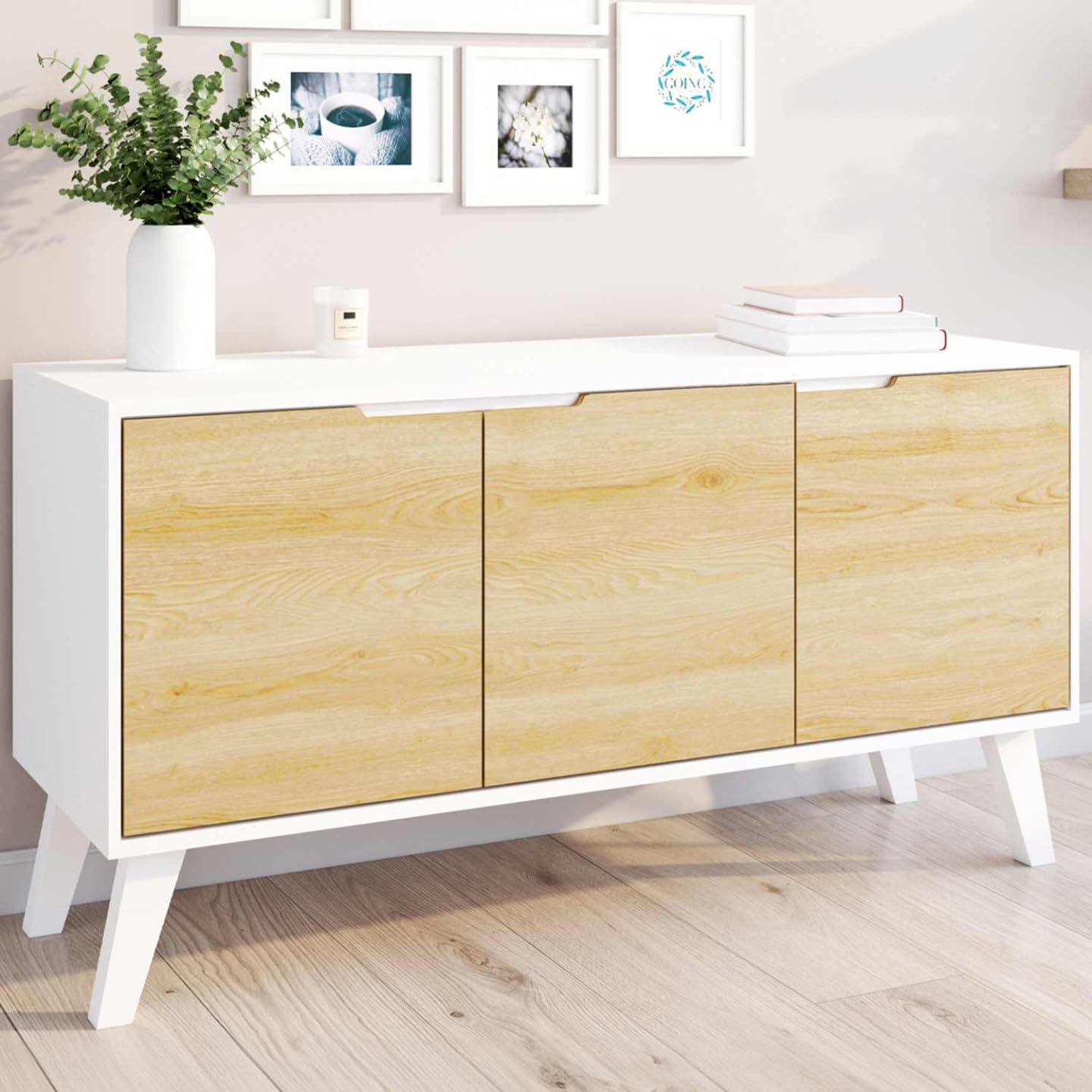 IDMarket - Buffet Bas scandinave 113 cm FINN Blanc 3 Portes façon hêtre