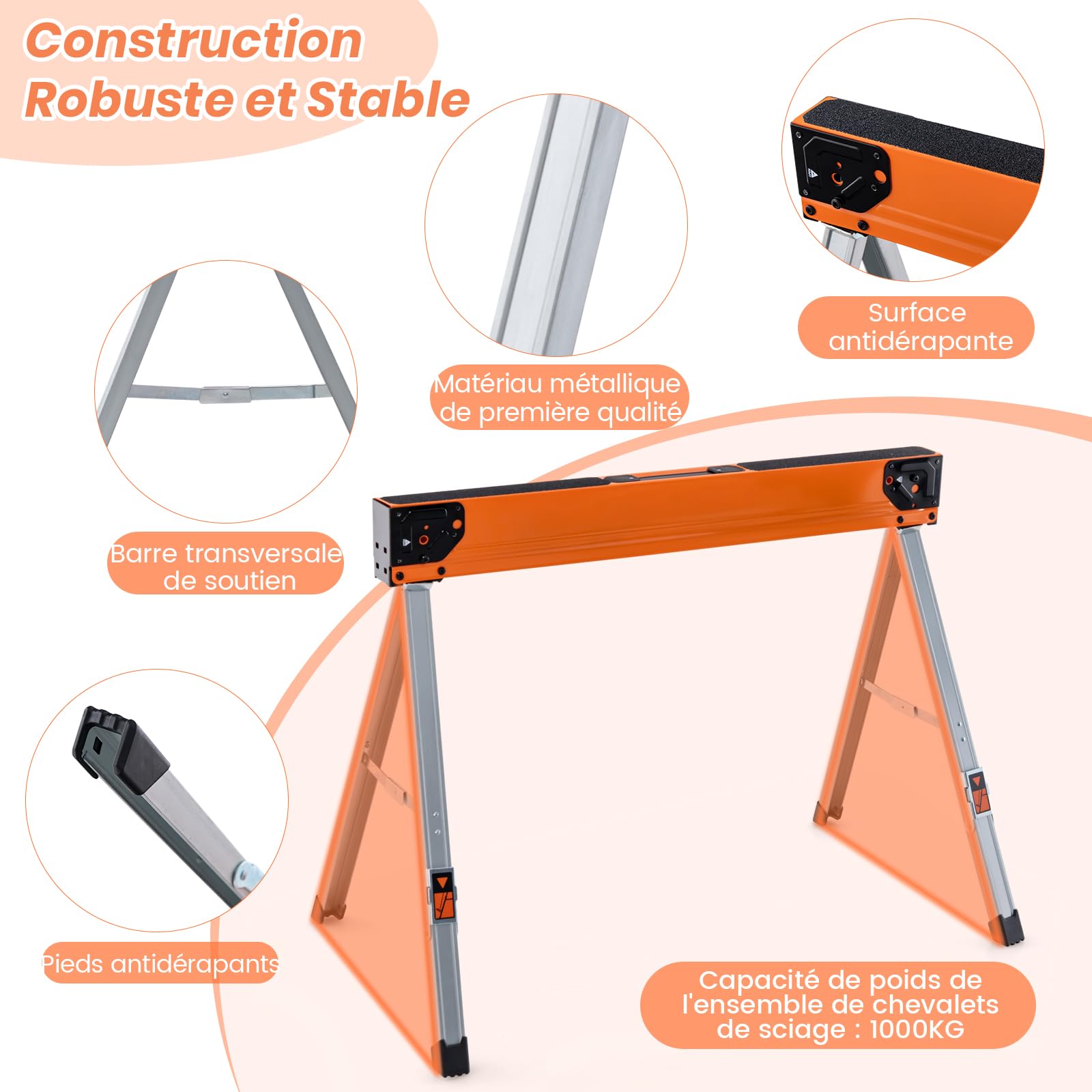 GOLUS Lot de 2 Chevalets de Sciage Pliables, 2 Tréteaux de Scie avec Patins Antidérapants, Structure Triangulaire, Charge Capacité 500 KG, pour Découpe, Sciage, Bricolage(Orange+Argent)