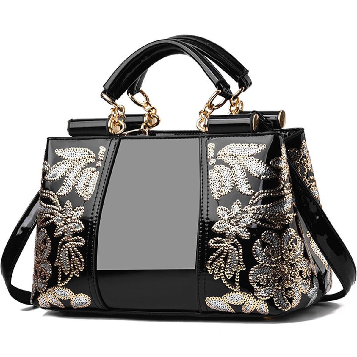 Women Patent Leather Fashion Handbags Double Sided Sequin Embroidery Shoulder Bag Top Handle Satchel Purse