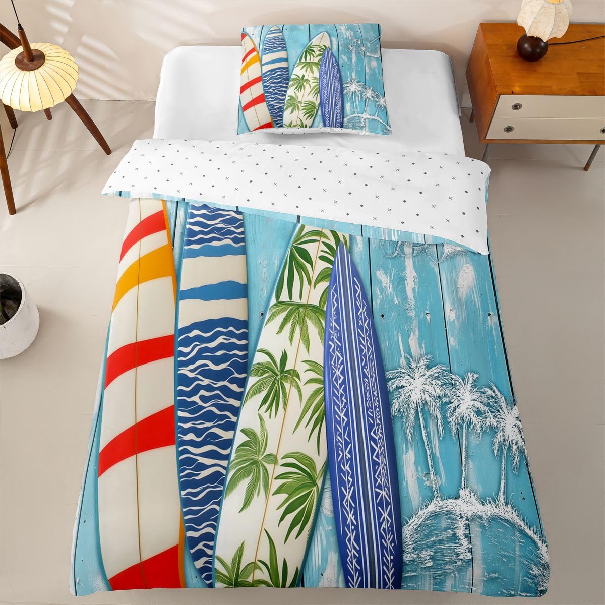 Homewish Tropisches Surfbrett Microfaser Bettwäsche 135x200 4teilig | Holzplanke Bettbezug Palme Strand Küste Bettwäsche Set Coole Kokosnuss Saft Bettset Weich