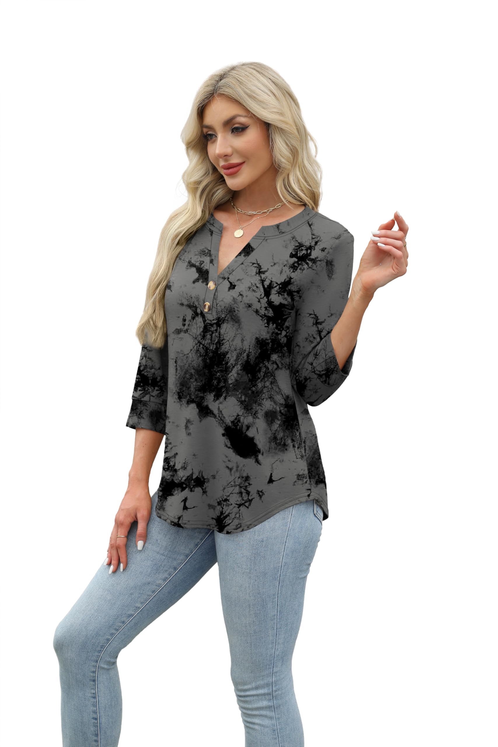 Aokosor Womens 3/4 Sleeve Tops Ladies Blouse V Neck Tunic Long Sleeve T Shirts Curved Hem Office Wear — view 3