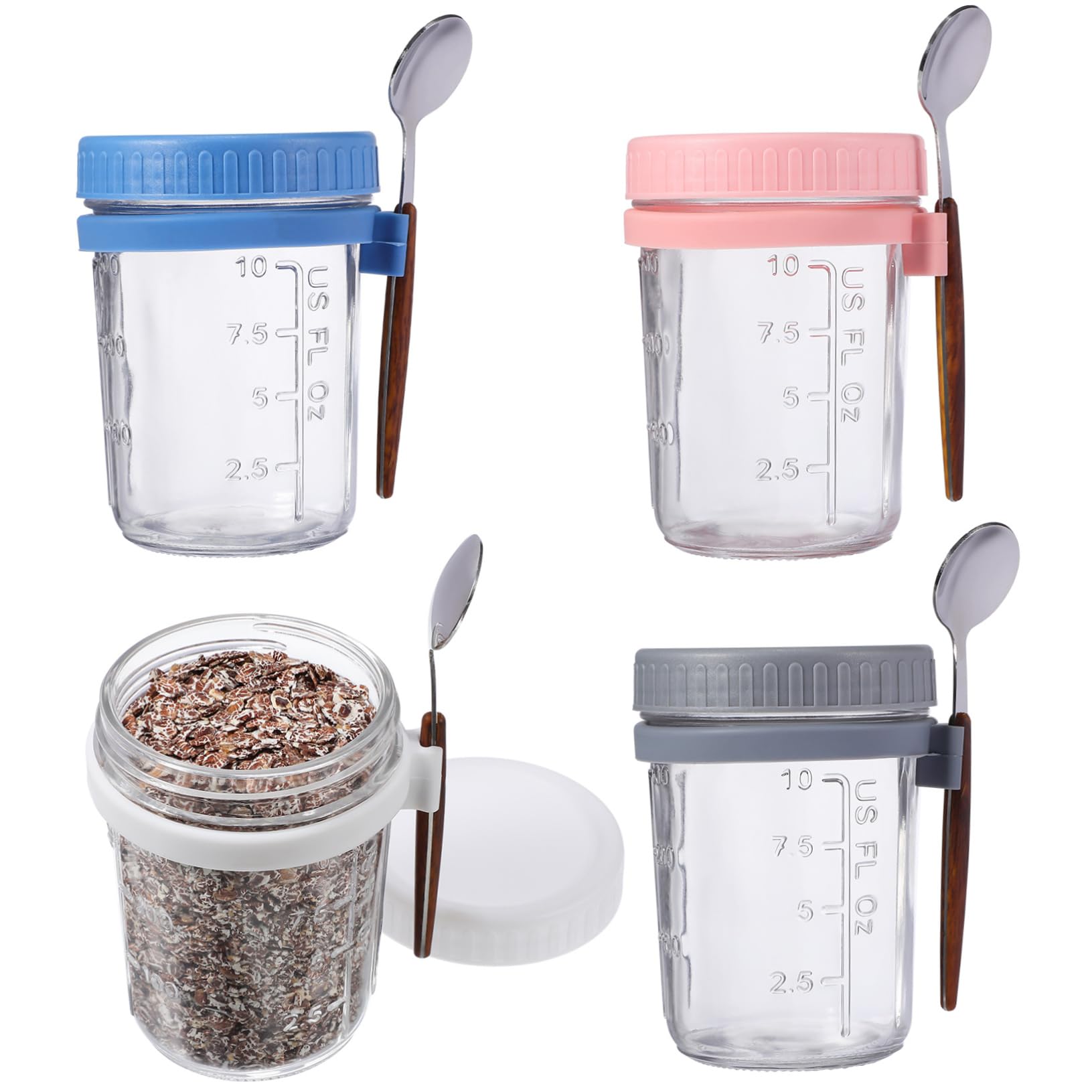 SOIMISS Tarros Mason de Cristal 400ml con Tapa y Cuchara, 4 Piezas | Cierre Antifugas, Silicona, Aptos para Oficina y Cocina, Envases para Avena Nocturna y Postres