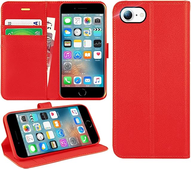 DN-Technology iPhone SE 2022 Case, iPhone SE 2020 Case/iPhone 7 Case/iPhone 8 Case Flip Leather Wallet Book Stand Folio Card Holder Phone Cover For iPhone SE (3rd Gen 2022) iPHONE SE 3 5G(RED)