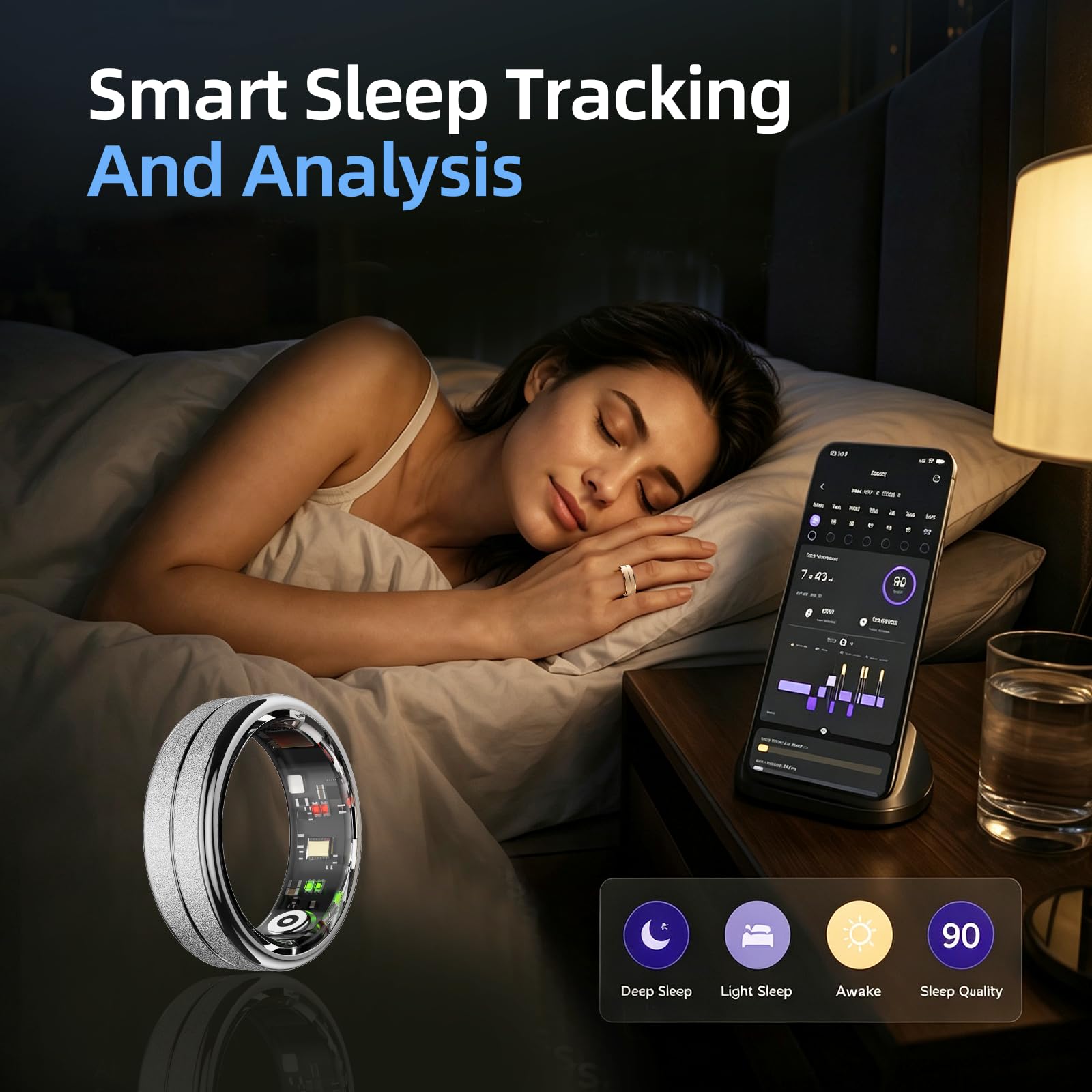 Smart Ring Bracelet de suivi de santé pour homme et femme, sommeil, fréquence cardiaque, stress, oxygène dans le sang, modes sportifs, température de la peau, anneau de fitness étanche 5 ATM