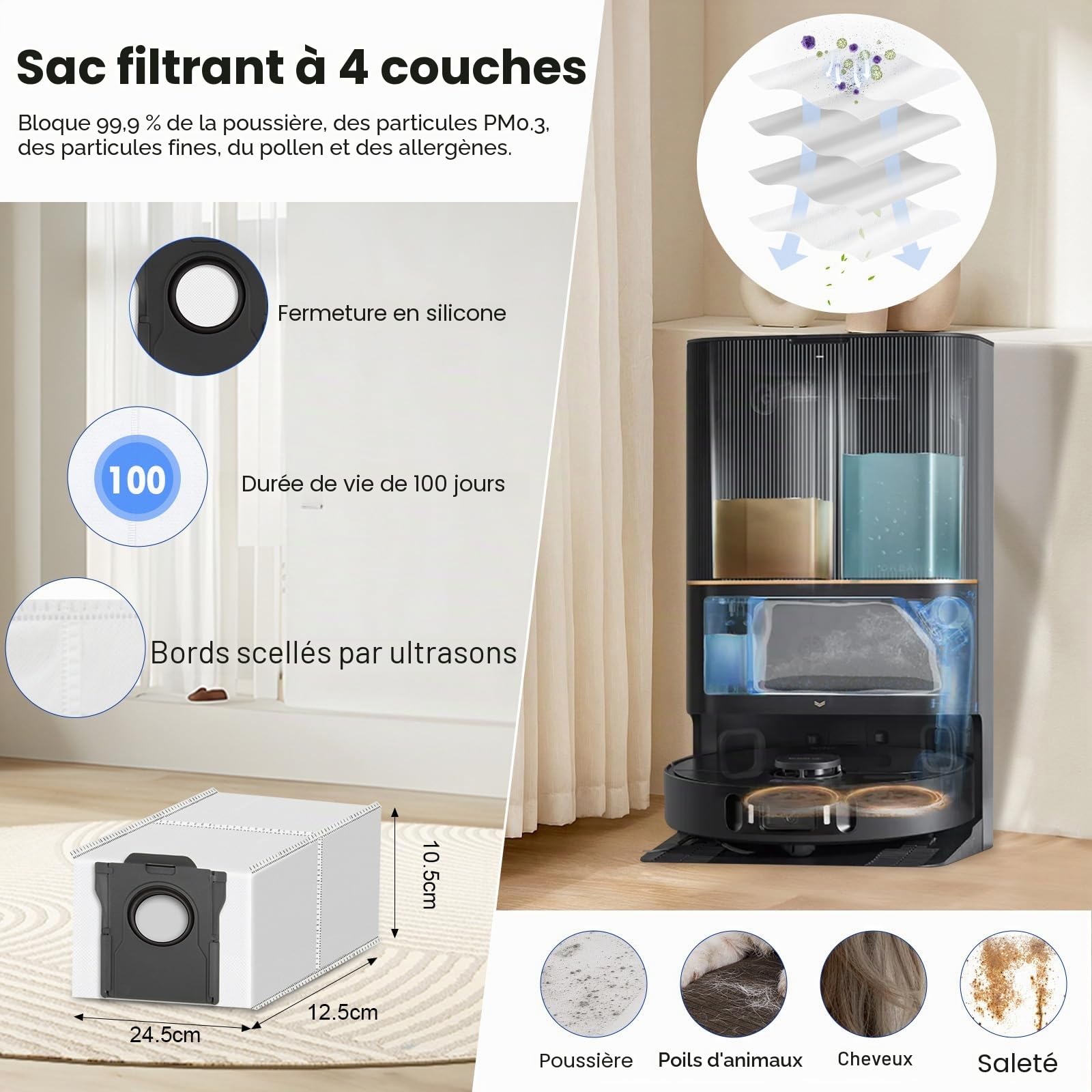 Lot de 24 accessoires pour robot aspirateur Dreame L10s Pro Ultra Heat / L10s Ultra Gen 2 / X30 Ultra & MOVA E30 Ultra, 1 brosse principale, 6 sacs à poussière, 6 tampons de nettoyage, 4 filtres, 6