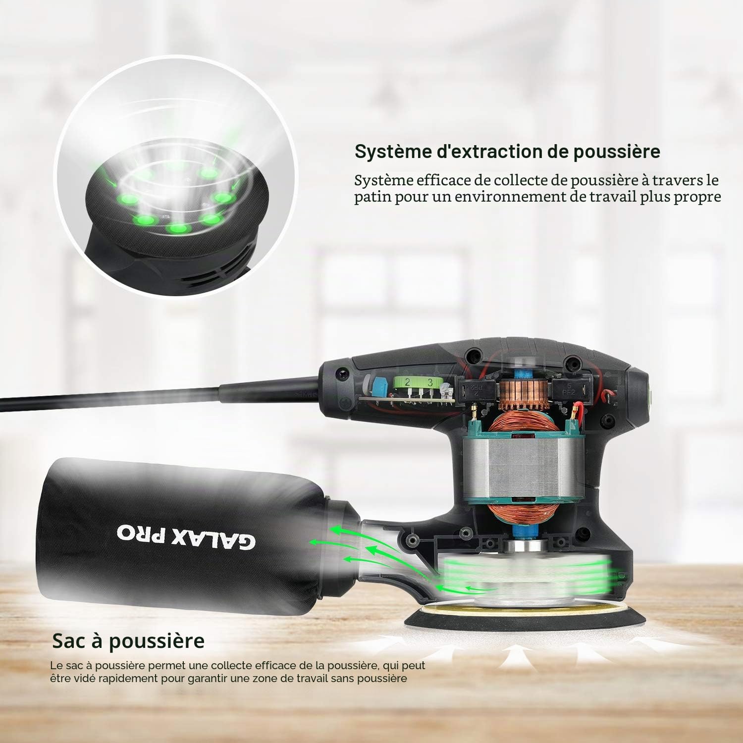 GALAX PRO Ponceuse excentrique filaire 280W, 6 Vitesses, 13000RPM, avec dépoussiéreur et 15 types de papier de verre, Ponceuse orbitale aléatoire, idéale pour les travaux de bricolage